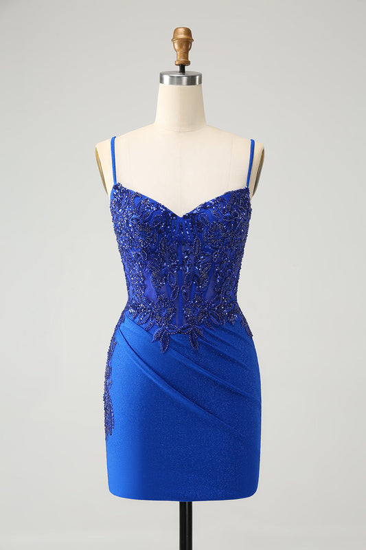 Royal Blue Glitter Beading Corset Homecoming Dress Short Party Dress