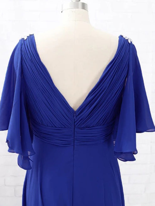 A-Line/Princess Chiffon Beading V-neck Short Sleeves Sweep/Brush Train Mother of the Bride Dresses Elegant