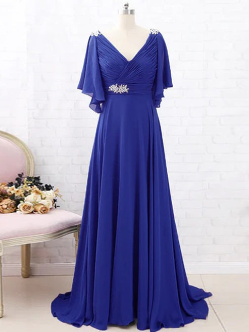 A-Line/Princess Chiffon Beading V-neck Short Sleeves Sweep/Brush Train Mother of the Bride Dresses Elegant