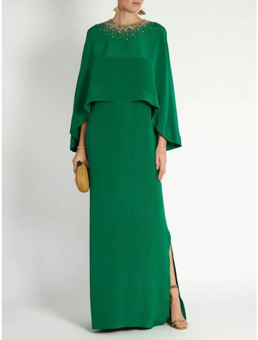 Sheath / Column Mother of the Bride Dress Formal Elegant Party Jewel Neck Ankle Length Stretch Chiffon Long Sleeve with Sequin Split