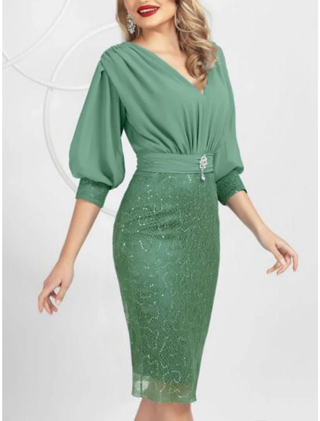 Sheath / Column Mother of the Bride Dress Wedding Guest Party Elegant V Neck Knee Length Chiffon Lace Half Sleeve with Sequin Split Front