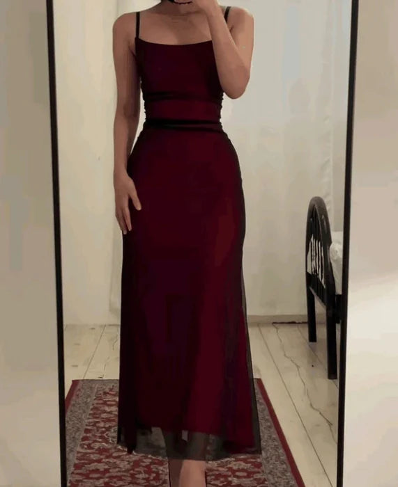 Xiaopinwu Burgundy Spaghetti Straps Sheath Tulle Long Party Dress Evening Dress Formal Dress