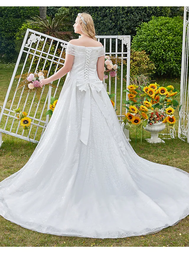 Princess Ball Gown Wedding Dresses Off Shoulder Cathedral Train Lace Tulle Sleeveless Formal Romantic Luxurious Sparkle & Shine Plus Size with Beading