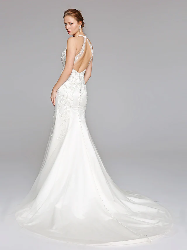 Wedding Dresses Halter NeckLace Over Tulle Regular Straps Sexy Illusion Detail