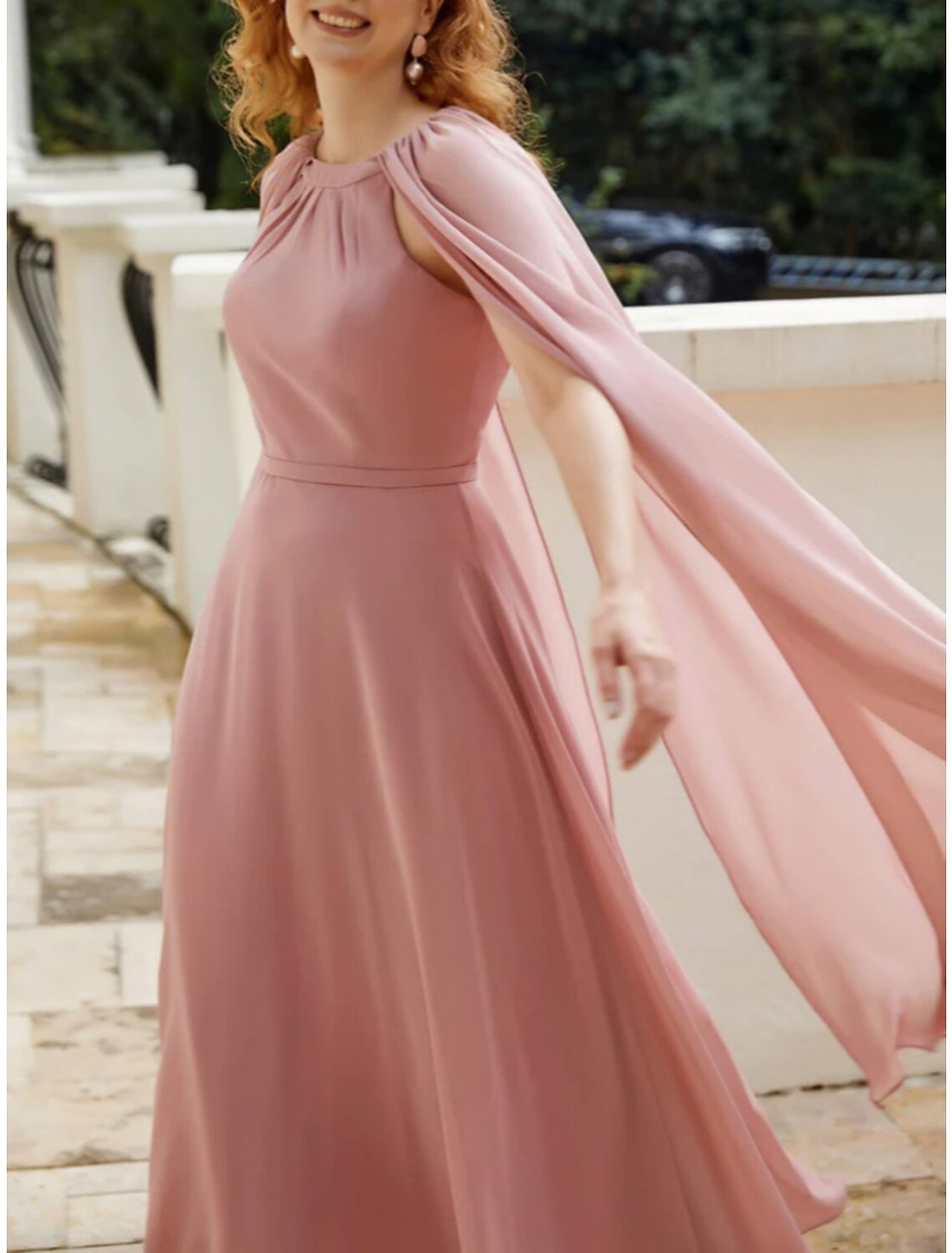 A-Line Mother of the Bride Dress Wedding Guest Elegant Jewel Neck Ankle Length Chiffon Sleeveless with Ruching