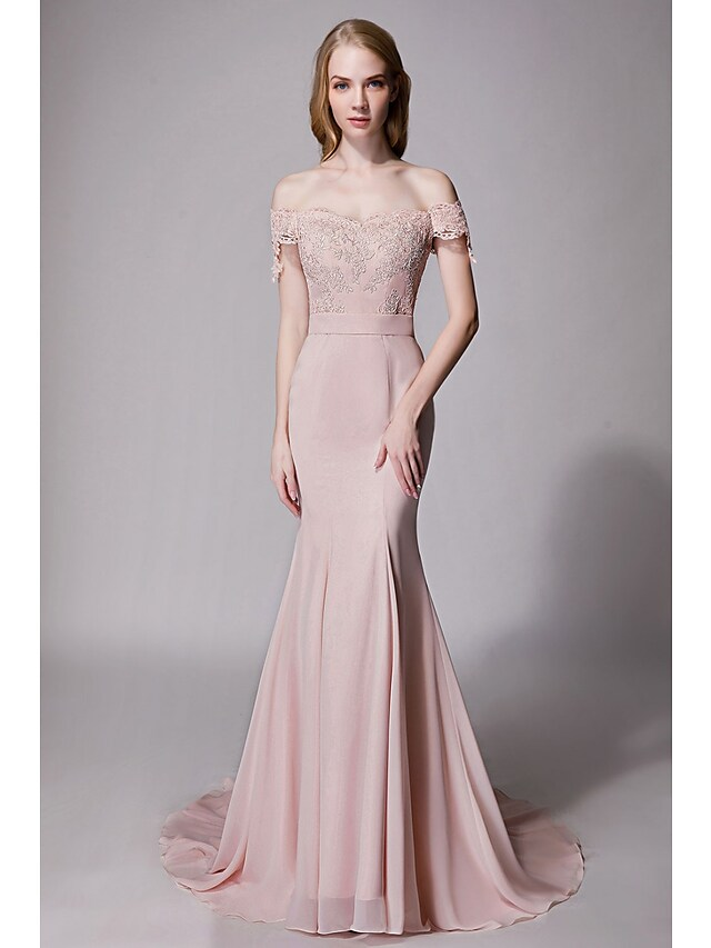 Sweetheart Neckline Court Train Chiffon Lace Bridesmaid Dress with Lace Sash Ribbon Off Shoulder