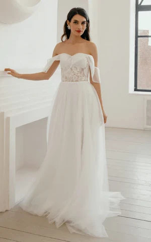Bohemian A Line Sweetheart Sweep Train Wedding Dress with Split Front Off Shoulder