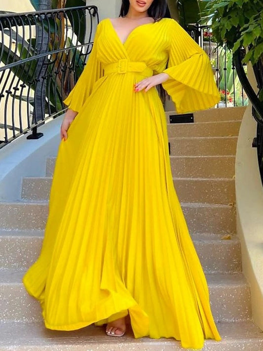 A-Line/Princess V-Neck 3/4 Length Sleeves Floor-Length Party Cocktail Dress With Pleats Evening Dress