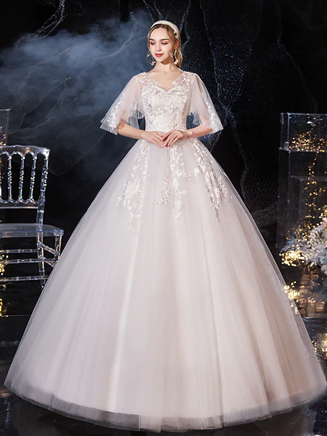 Princess Ball Gown Wedding Dresses V Neck Floor Length Lace Tulle Half Sleeve Formal Romantic
