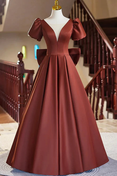 A-Line Elegant Short Sleeve Satin Floor Length Evening Dress V-neck Prom Dress With Bow