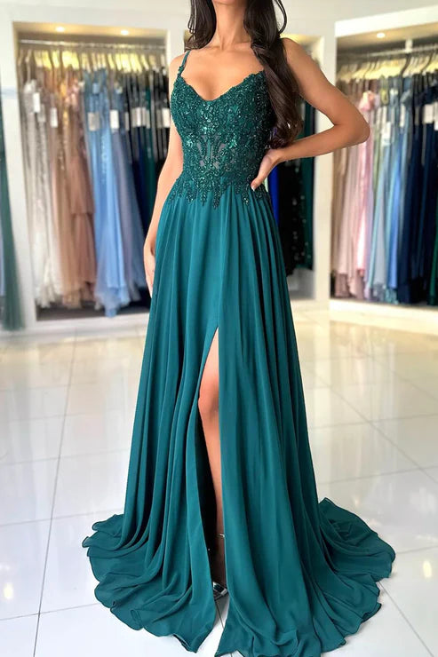 A-Line Chiffon Beaded Spaghetti Strap Long Evening Dress With Slit Sexy Party Dress