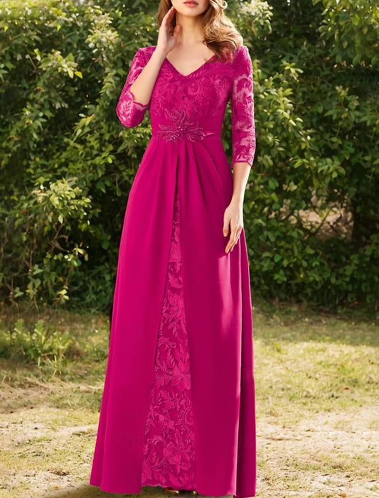 A-Line Mother of the Bride Dress Formal Wedding Guest Elegant Vintage V Neck Floor Length Lace Stretch Chiffon 3/4 Length Sleeve with Lace Fuchsia