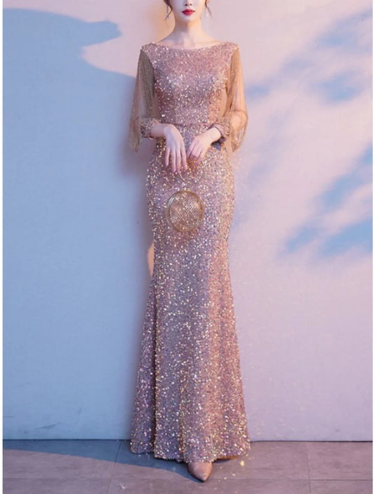 Sheath / Column Mother of the Bride Dress Elegant Sparkle & Shine Petite Jewel Neck Floor Length Sequined 3/4 Length Sleeve Evening Dress