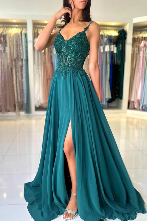A-Line Chiffon Beaded Spaghetti Strap Long Evening Dress With Slit Sexy Party Dress
