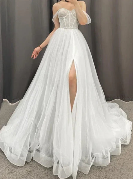 A-line Off the Shoulder Beads High Split Rustic Wedding Dress Sexy