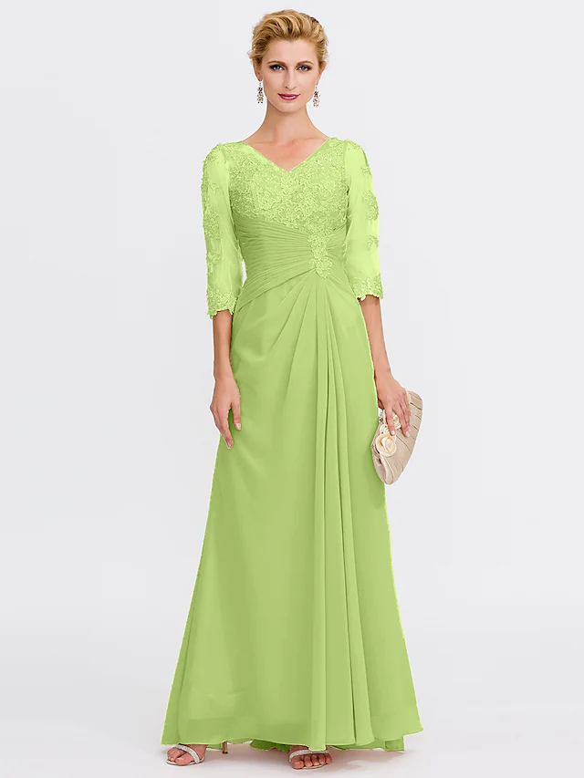 Mother of the Bride Dress Elegant See Through V Neck Floor Length Chiffon Sheer Lace Half Sleeve