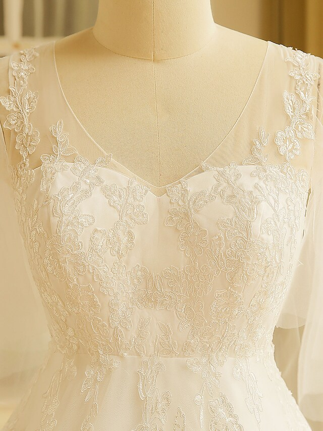A-Line Wedding Dresses V Neck Court Train Satin Tulle Half Sleeve Formal Plus Size with Appliques Ivory