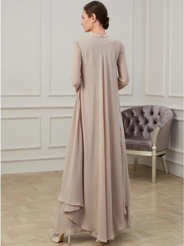 A-Line Mother of the Bride Dress Elegant Jewel Neck Floor Length Polyester Long Sleeve