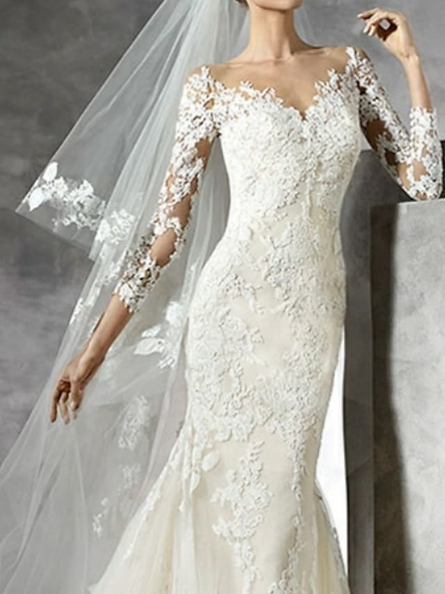Wedding Dresses V Neck Lace Length Sleeve Sexy Illusion Sleeve with Lace