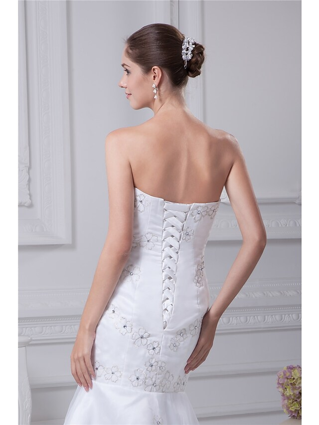 Wedding Dresses Strapless Chapel Train Organza Satin Strapless with Beading