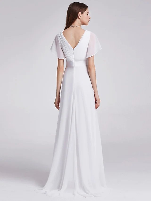 A-Line Wedding Dresses V Neck Floor Length Chiffon Short Sleeve Simple Little White Dress with Draping Pure Color