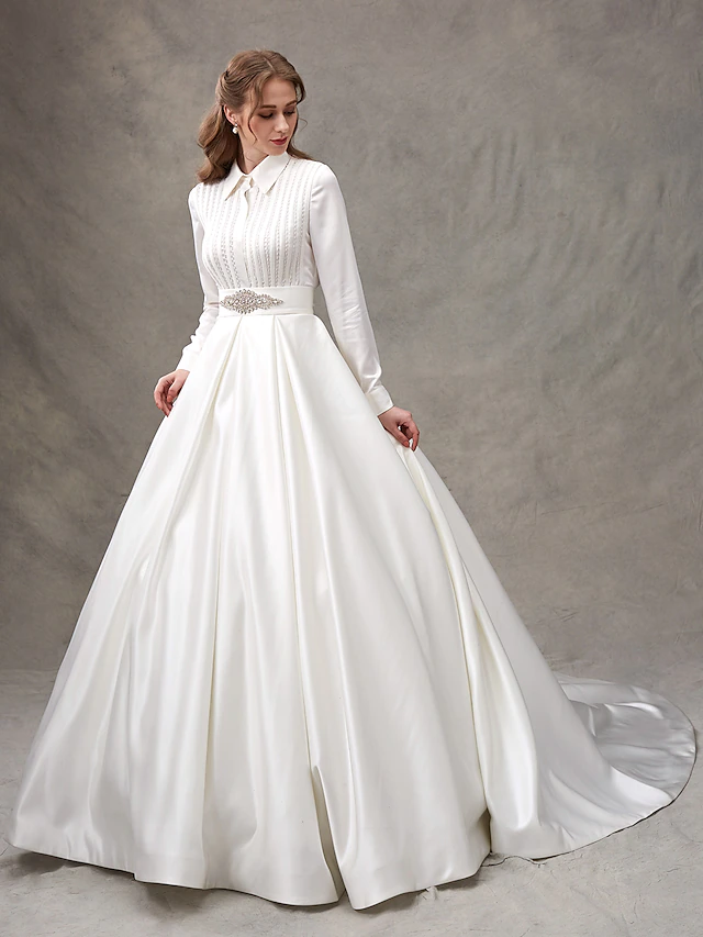 Ball Gown Wedding Dresses High Neck Satin Long Sleeve Glamorous Sparkle & Shine with Bowknot Sash Ribbon