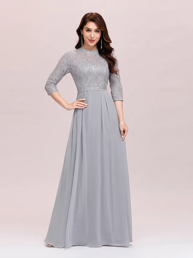 A-Line Mother of the Bride Dress Plus Size Elegant Jewel Neck Floor Length Chiffon Lace Length Sleeve