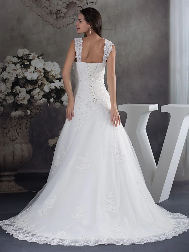 A-Line Wedding Dresses Sweetheart Neckline Chapel Train Lace Tulle Spaghetti Strap with Beading