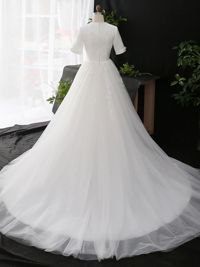 A-Line Wedding Dresses V Neck Court Train Satin Tulle Half Sleeve Simple Elegant with Appliques Beautiful