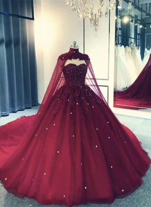 Glam Ball Gown Quinceanera Dress Lace Applique Beaded Cape Wine Red Formal Dress Party Gowns Prom Dress