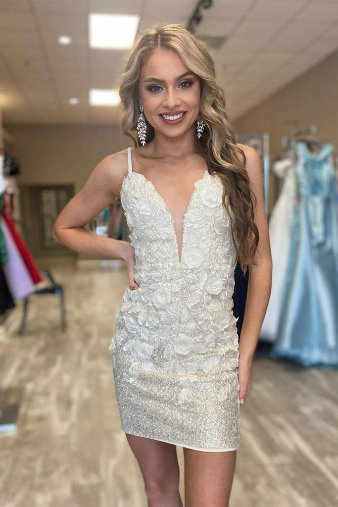 Glitter Sheath Spaghetti Straps Lace Applique Homecoming Dress V-neck Sexy