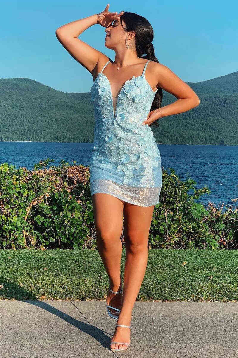 Glitter Sheath Spaghetti Straps Lace Applique Homecoming Dress V-neck Sexy