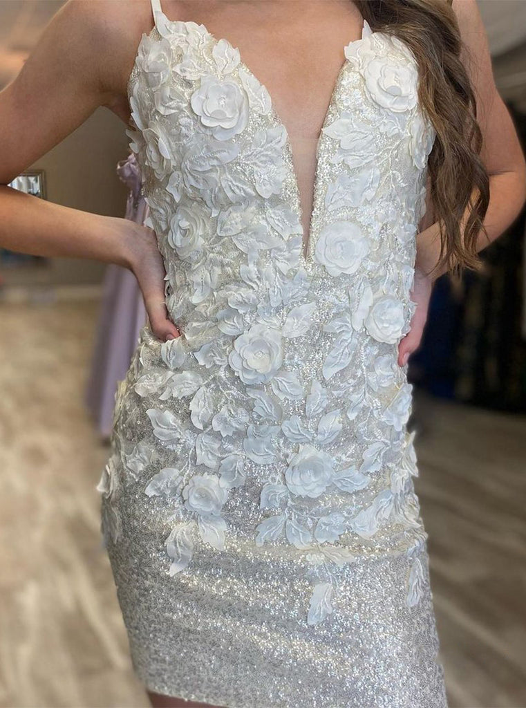 Glitter Sheath Spaghetti Straps Lace Applique Homecoming Dress V-neck Sexy