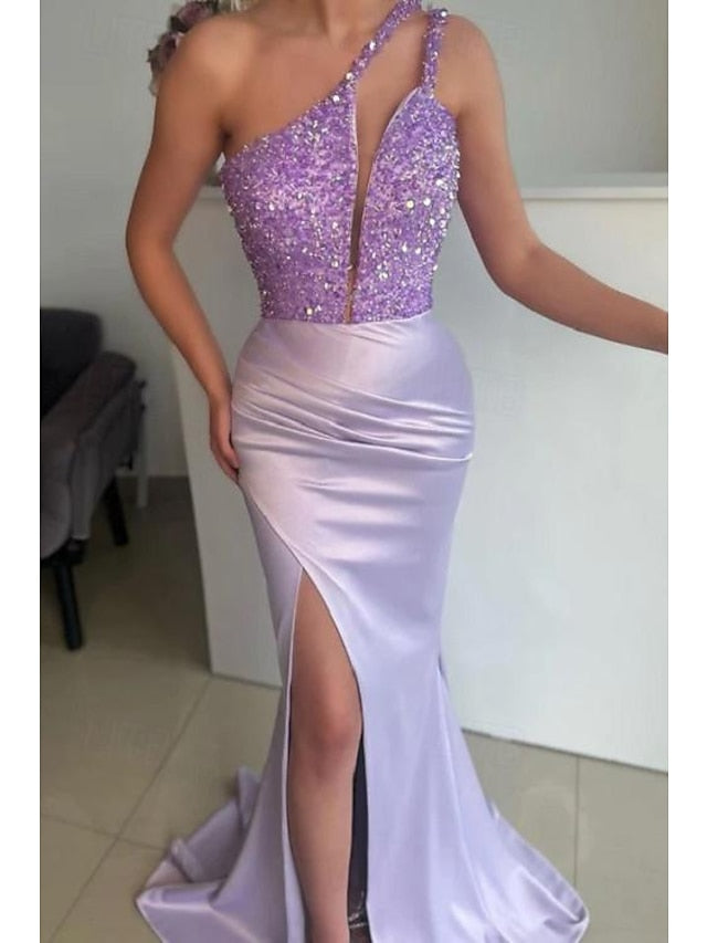 Mermaid/Trumpet One-Shoulder Sleeveless Floor-Length Long Prom Dresses With Sequins Sexy
