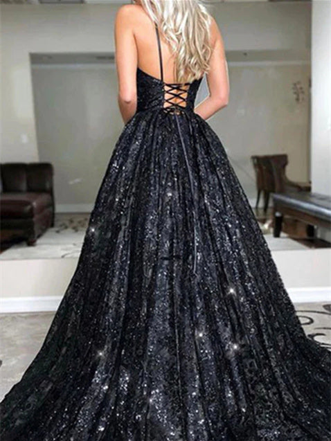 Glittering A-Line/Princess Sequin V-Neck Sweep/Brush Train Long Prom Dresses Sparkly Evening Dresses