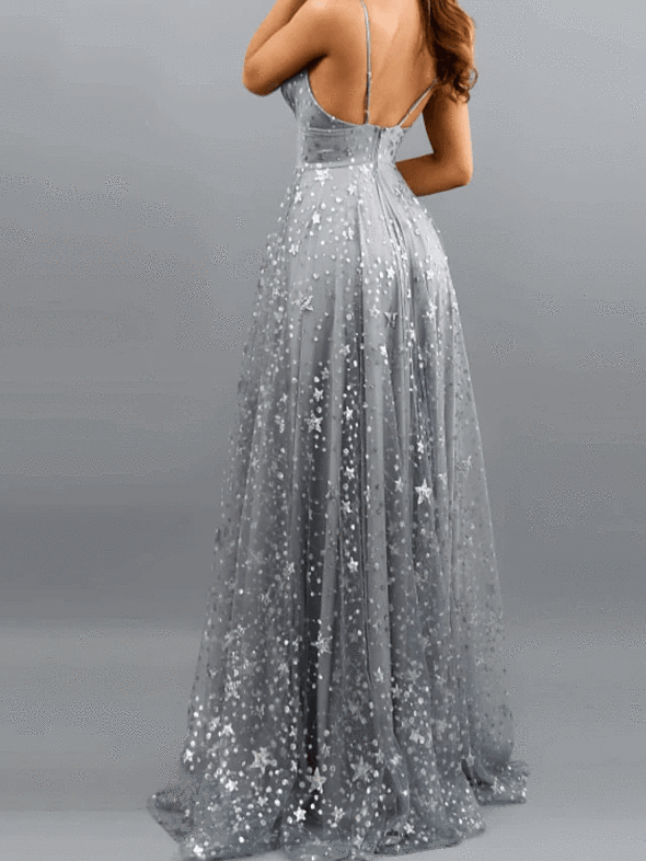 Glittery Sequin A-Line V Neck Spaghetti Straps Floor Length Prom Dresses With Split Sleeveless Evening Dress Sexy