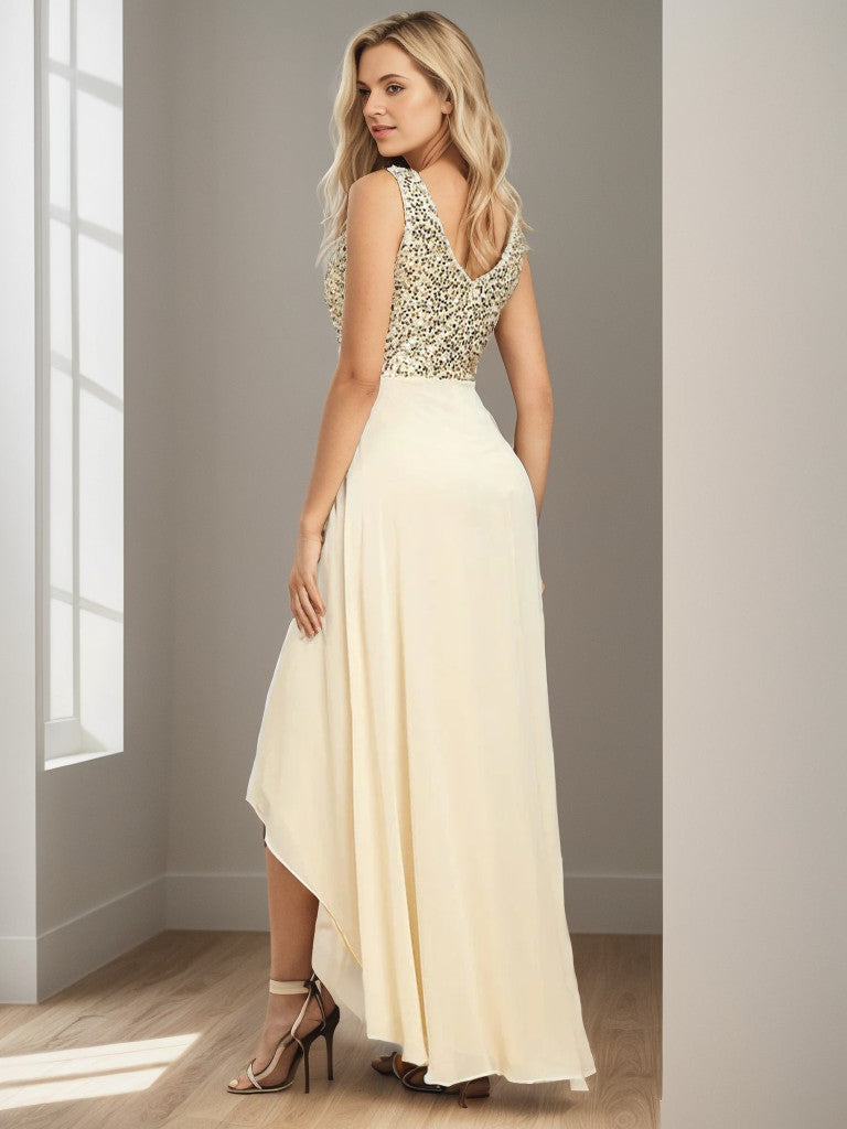 Sexy High-Low Maxi Chiffon Evening Dresses with Sequin Sexy Sparkly