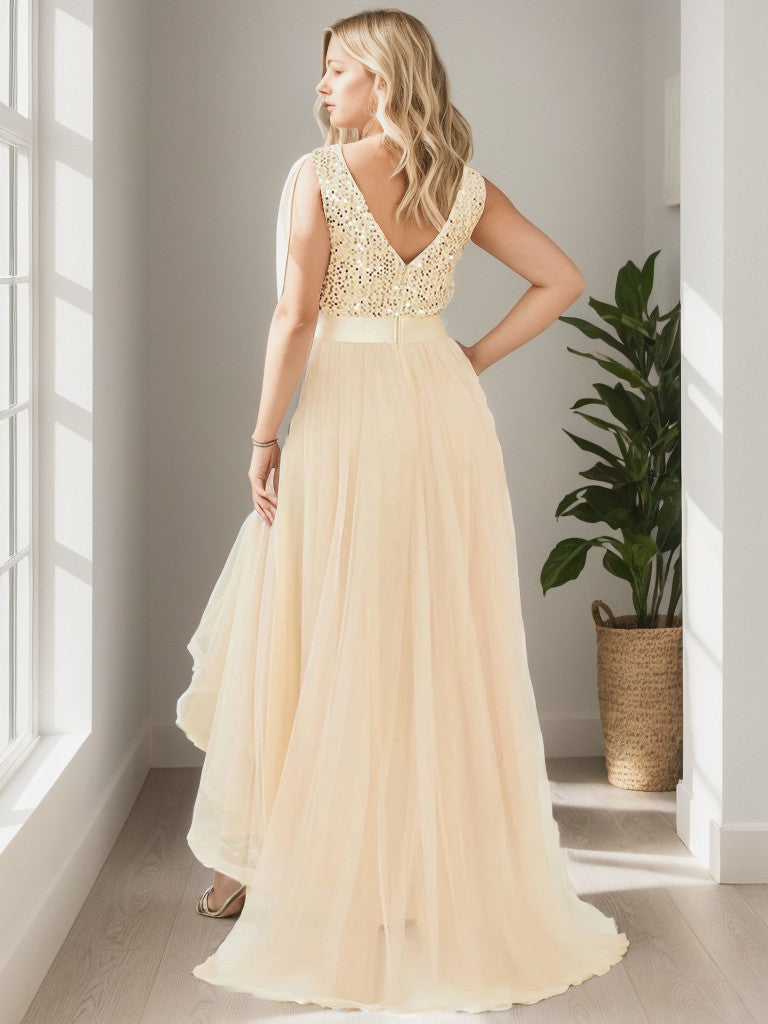 Plus Size Sleeveless Sequin Ribbon Waist Tulle High Low Evening Dress