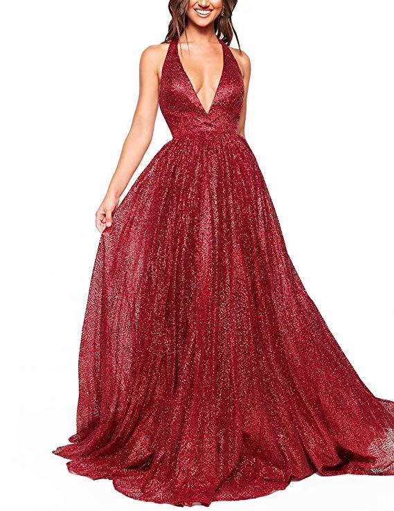 Gold Deep V-neck Prom Dresses Tulle Formal Dresses Long Evening Dresses Sparkly