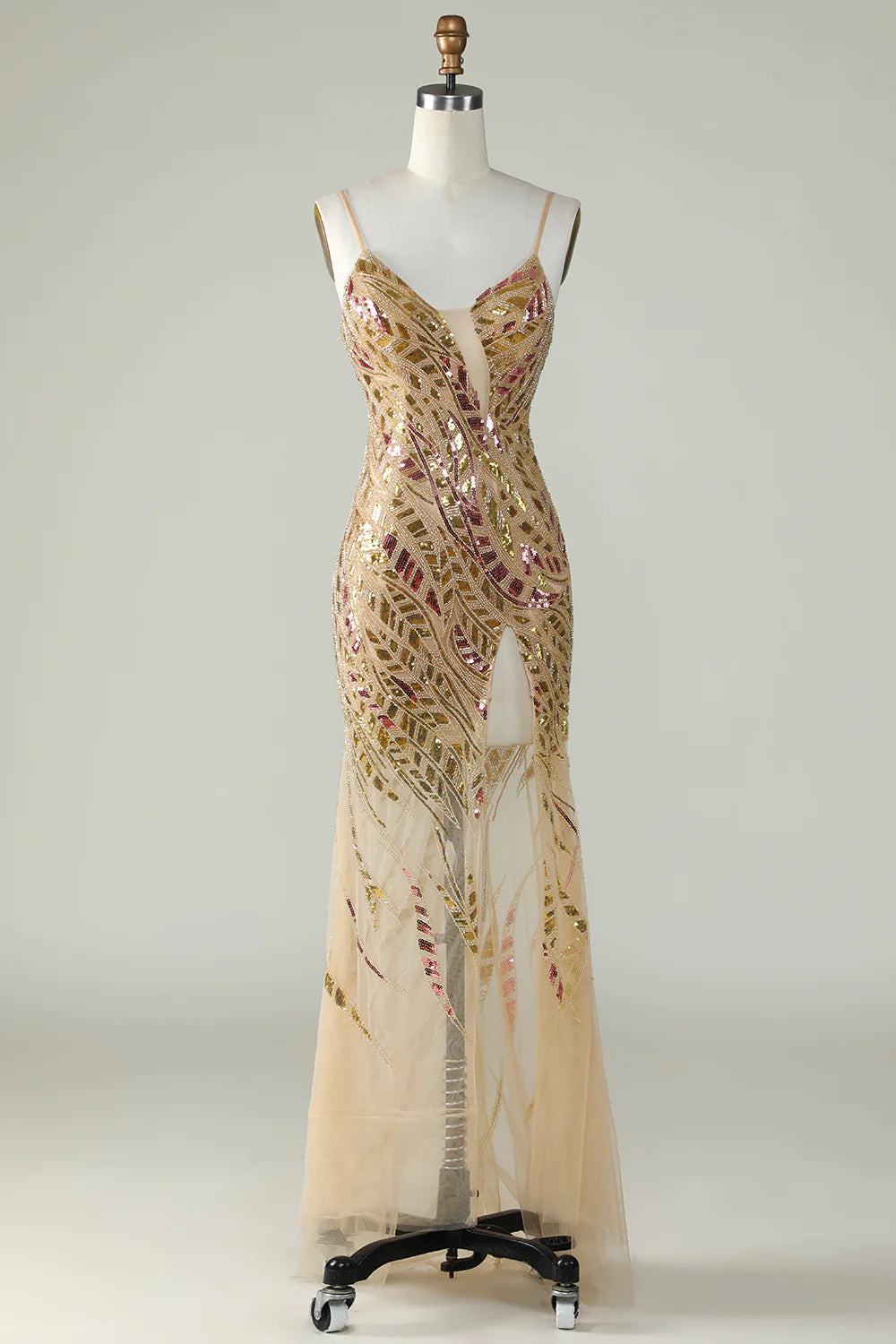 Sparkly Gold Beaded Mermaid Long Prom Dress with Slit Sexy Evening Dresses