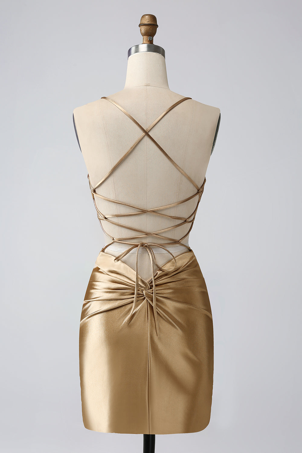 Golden Bodycon Spaghetti Straps Lace-up Back Short Homecoming Dress Sexy