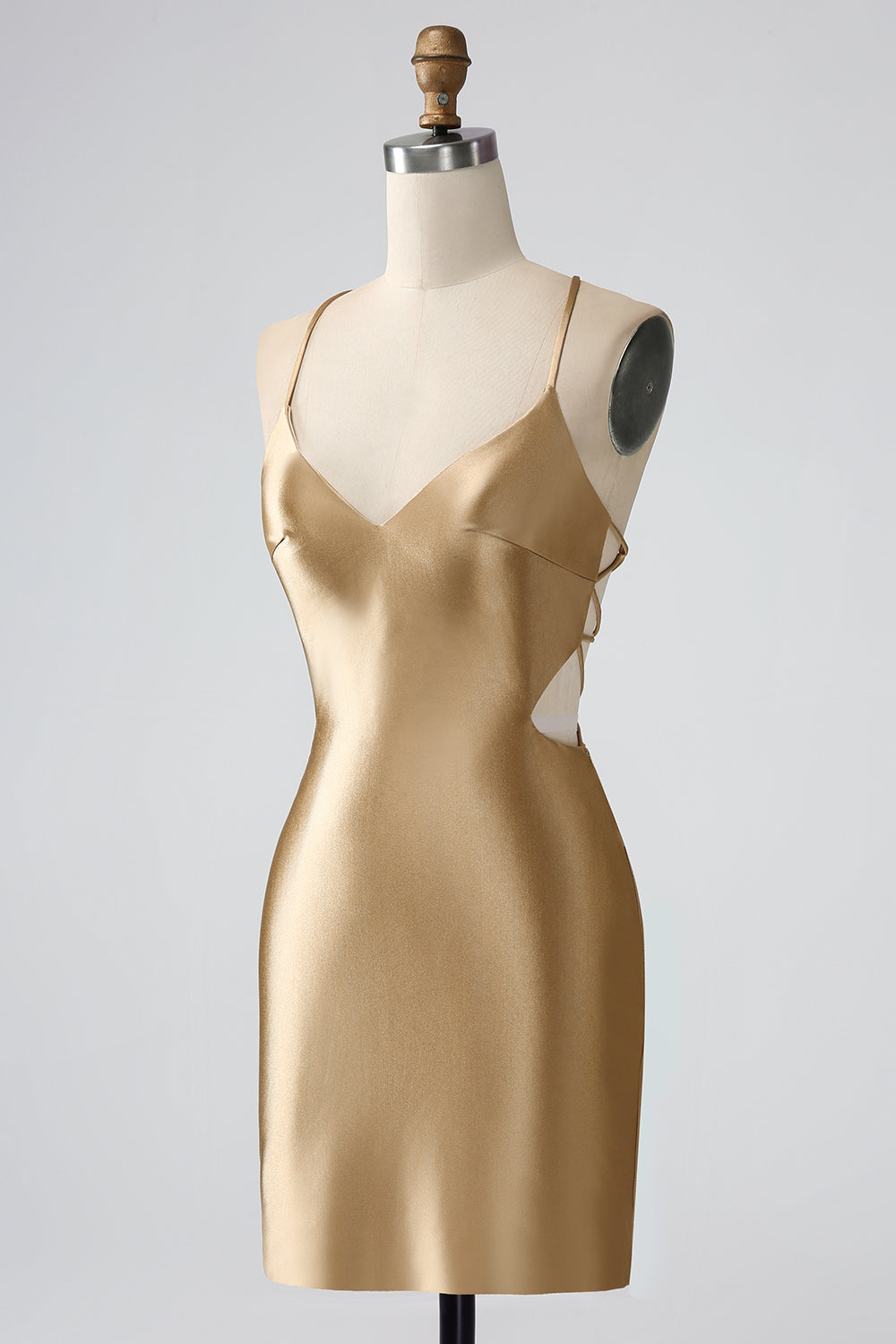 Golden Bodycon Spaghetti Straps Lace-up Back Short Homecoming Dress Sexy