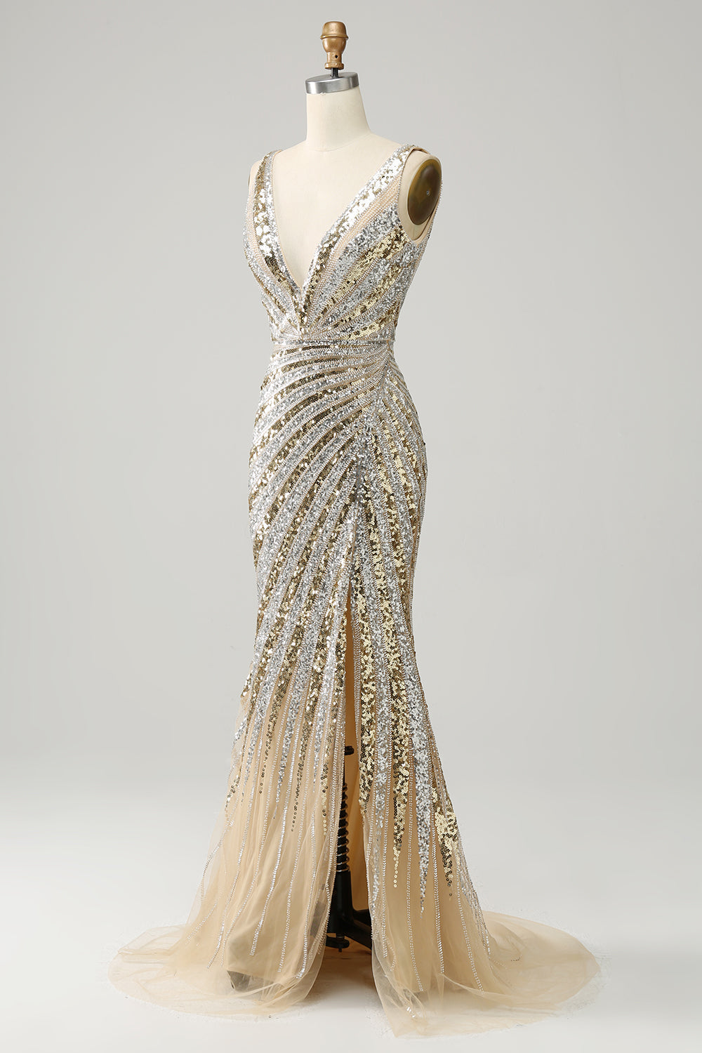 Sparkly Golden Mermaid Deep V Neck Long Prom Dress with Silt Sexy Evening Dresses