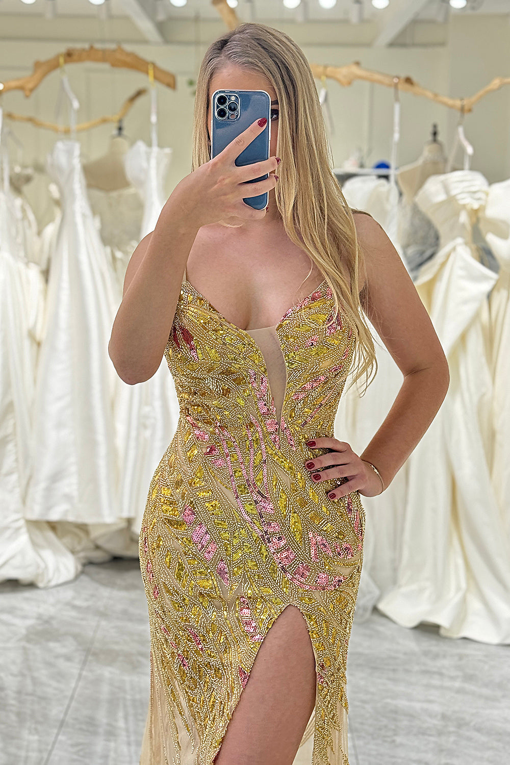 Sparkly Golden Mermaid Sequins Long Prom Dress with Split Front Sexy Evening Dresses