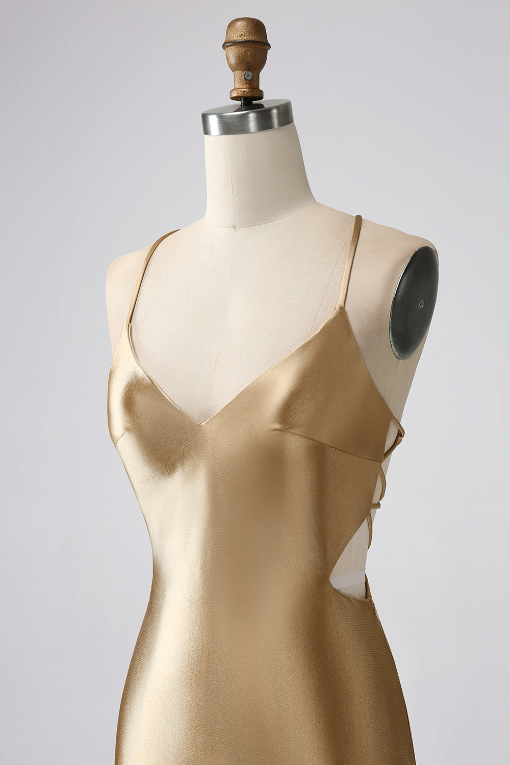 Golden Bodycon Spaghetti Straps Lace-up Back Short Homecoming Dress Sexy