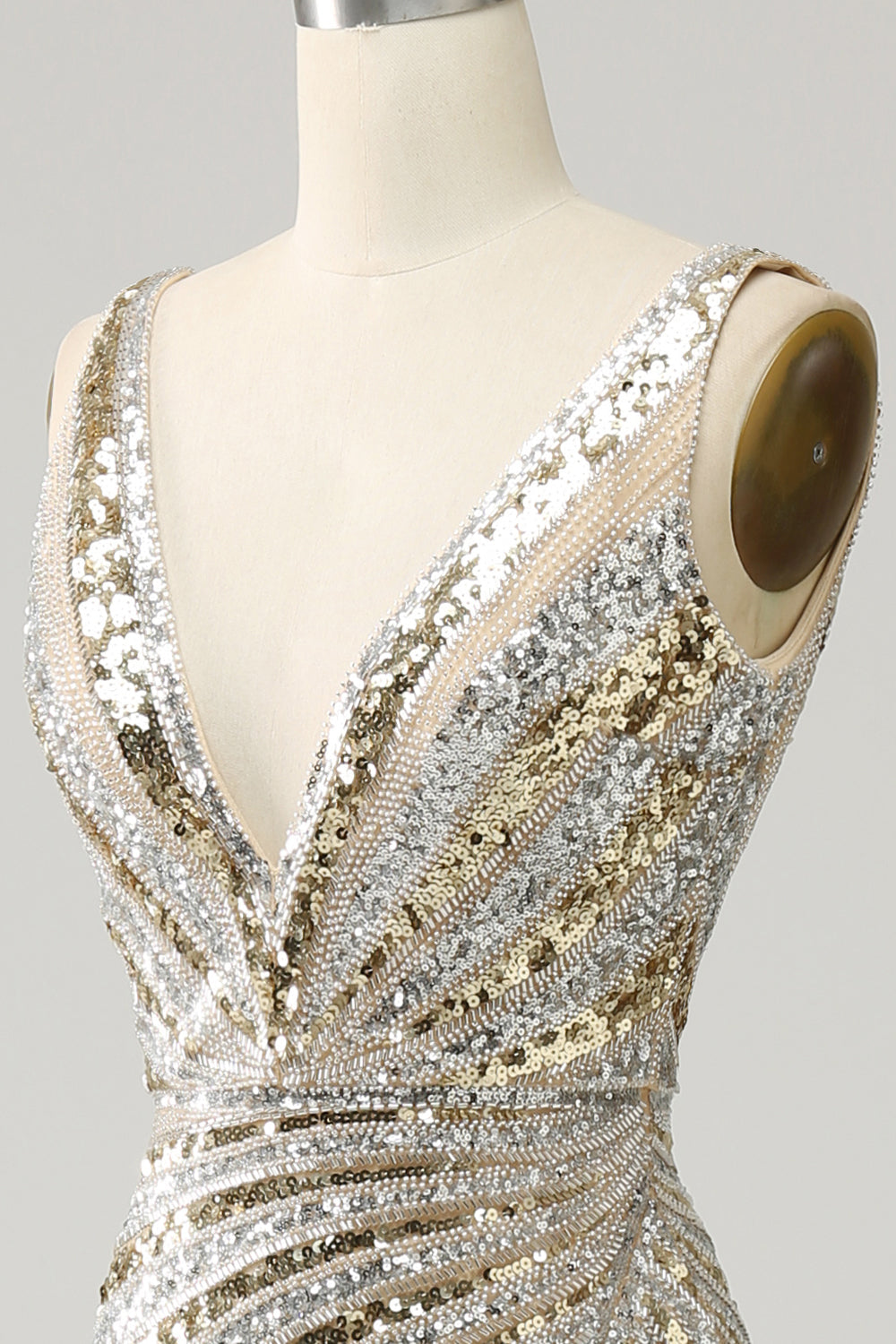 Sparkly Golden Mermaid Deep V Neck Long Prom Dress with Silt Sexy Evening Dresses