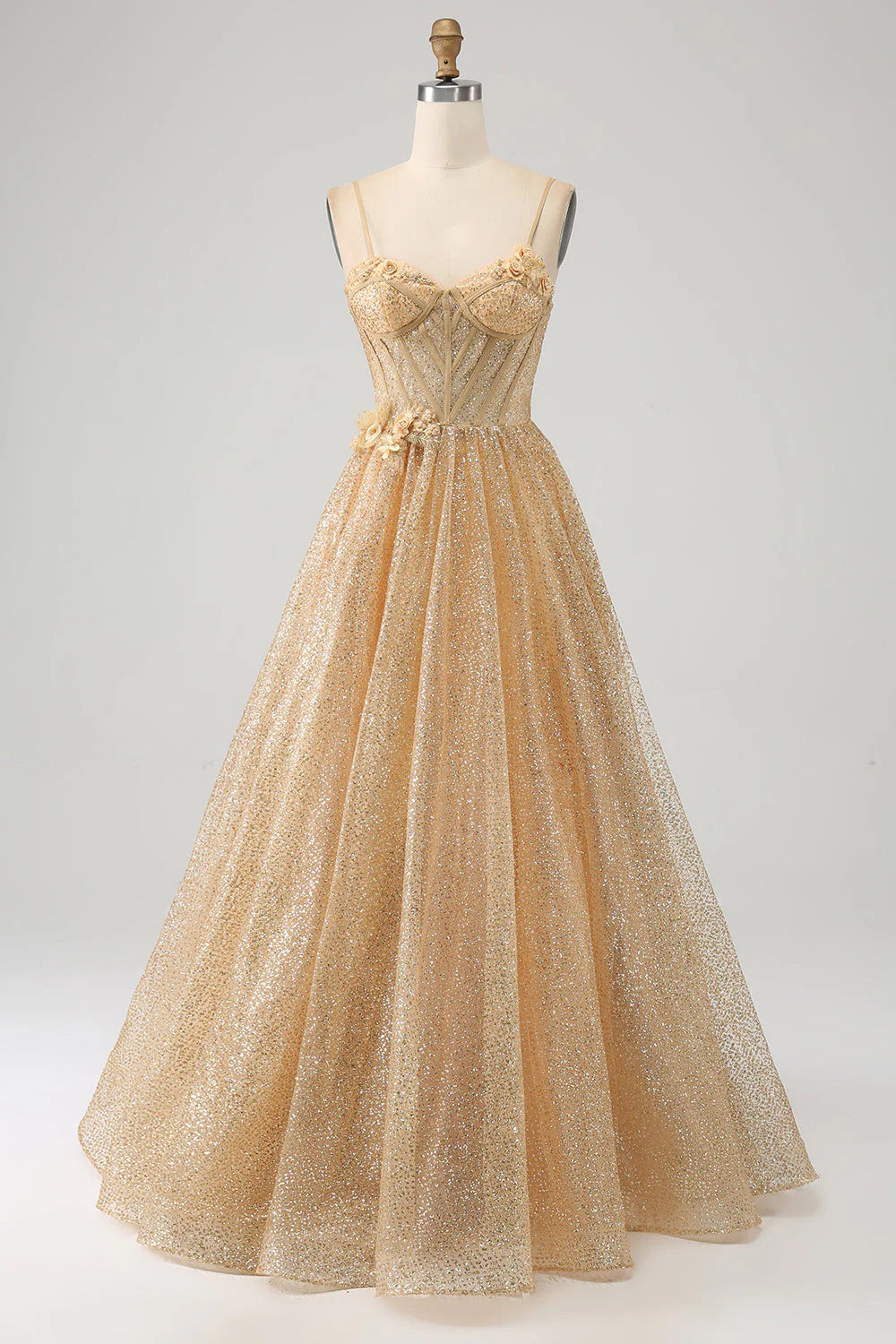 Glitter Corset Long Prom Dress with Flowers Off Shoulder Sparkly