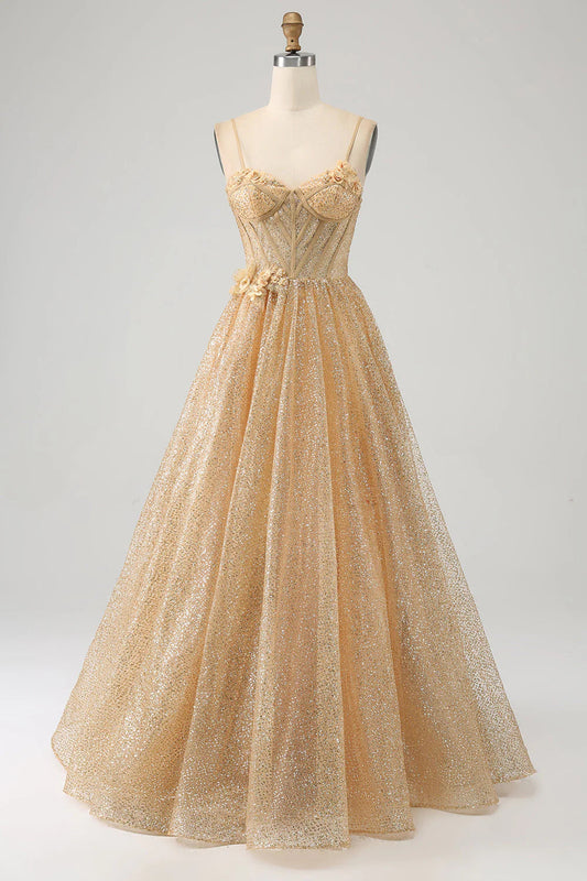 Glitter Corset Long Prom Dress with Flowers Off Shoulder Sparkly