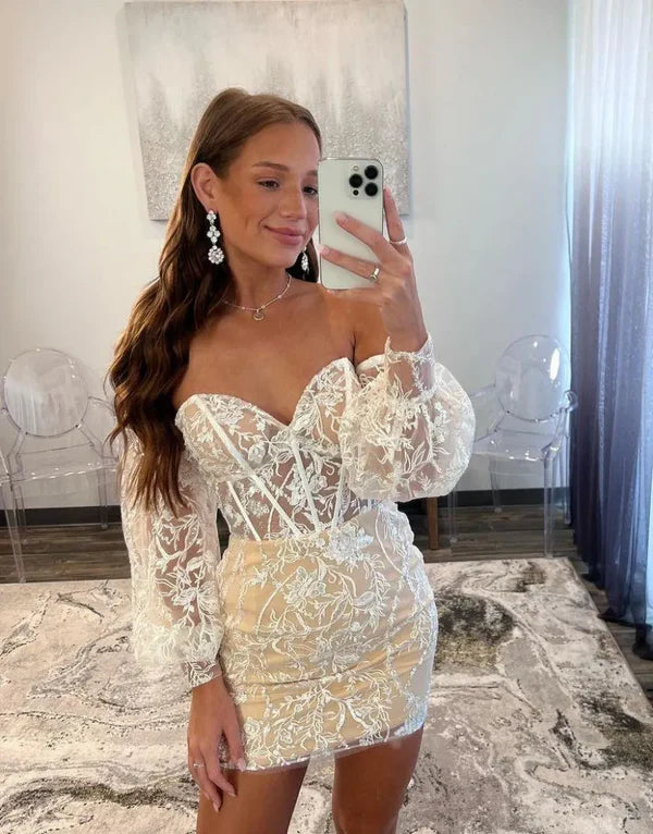 Gorgeous Strapless Tight Lace Homecoming Dress With Detachable Sleeves Off Shoulder