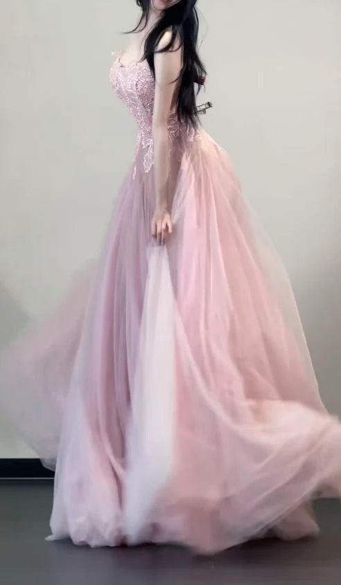 Gorgeous A-Line Strapless Long Formal Prom Dress Elegant Evening Gown Tulle Sweet 16 Dress